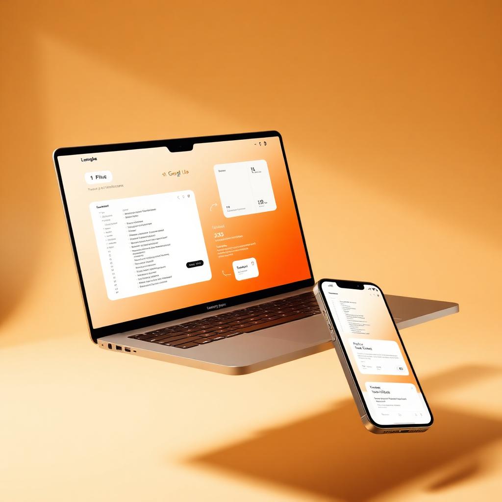 Floating laptop and phone showing minimalist product UI