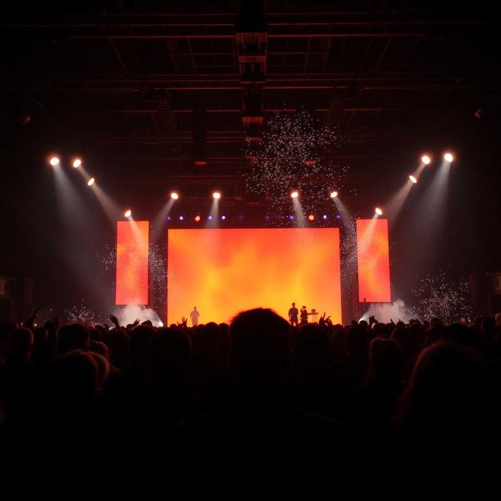 Cinematic event stage with warm uplights and crowd silhouettes