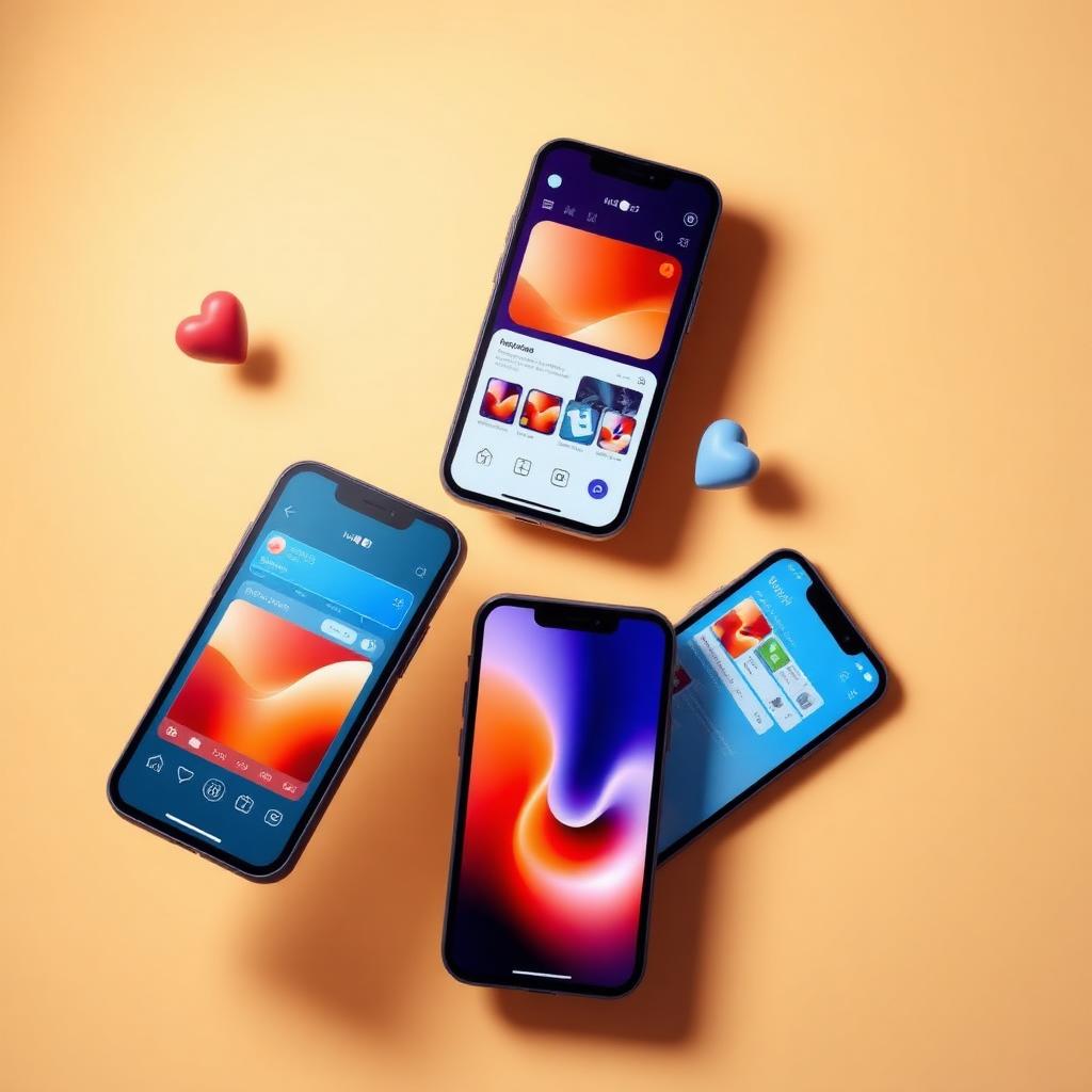 Editorial arrangement of smartphones showing social feeds