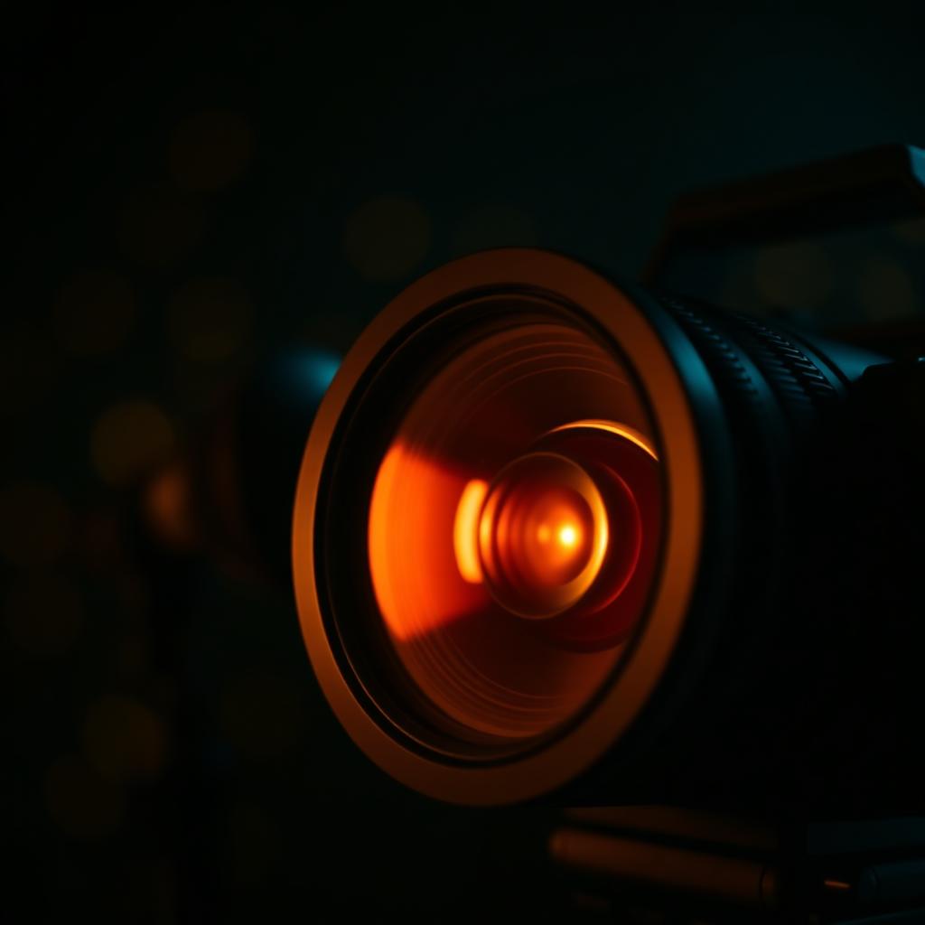 Cinematic camera lens with warm bokeh light